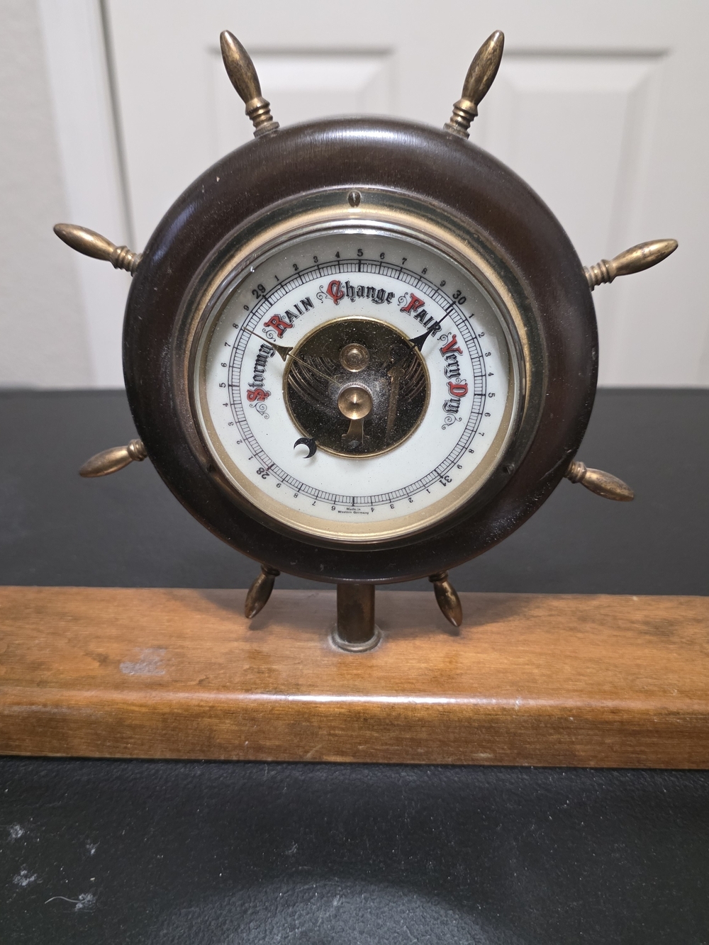 Nautical Wheel Barometer Decor - Brown & Gold